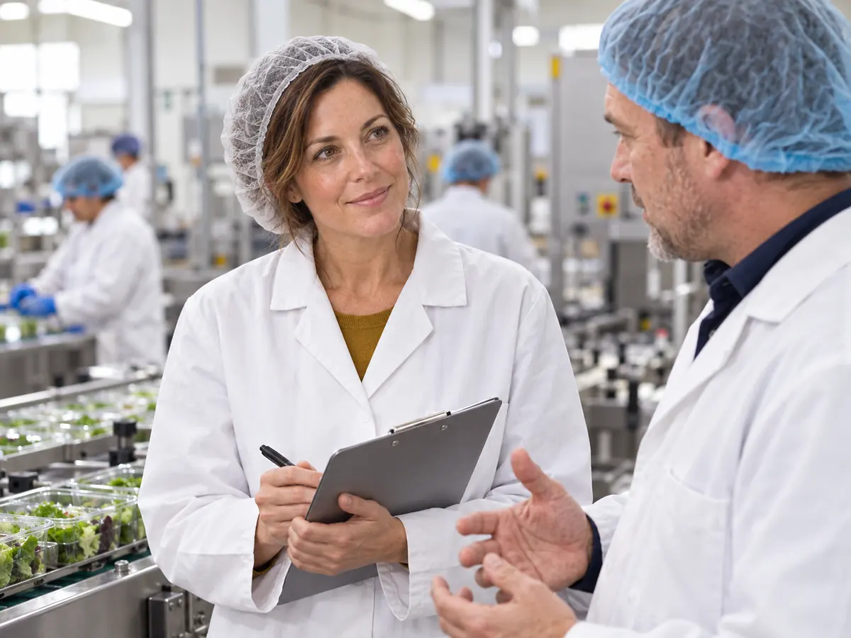 Ines, some years younger, in a white coat beside a packing line, talking with a supervisor.