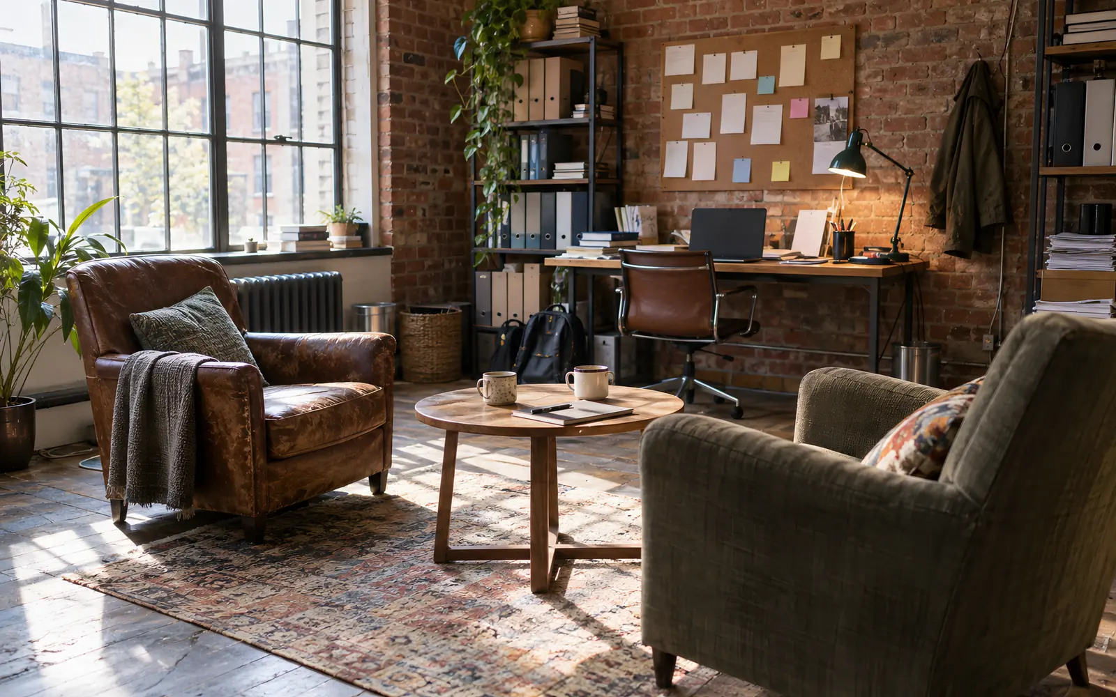 The Clerkenwell studio: exposed brick, armchairs, a long table and tall windows.