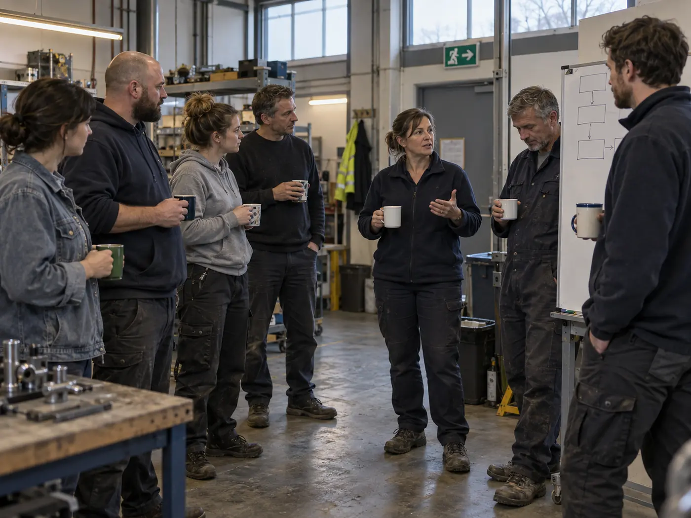 A team in a short Monday huddle beside a whiteboard, coffees in hand.