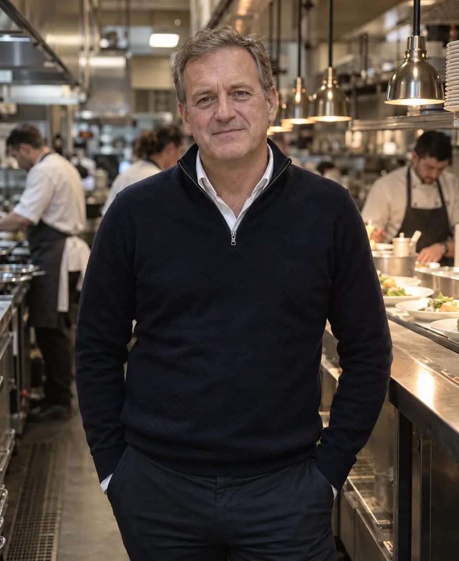 Tom Ashby, founder of Harrow & Pike, at the pass of one of the group's restaurant kitchens.