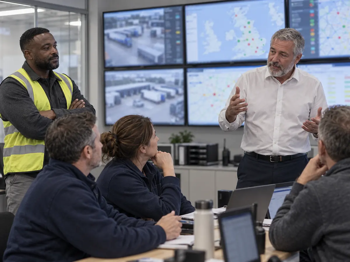 The chief operating officer briefing three depot managers in an operations room with wall screens.