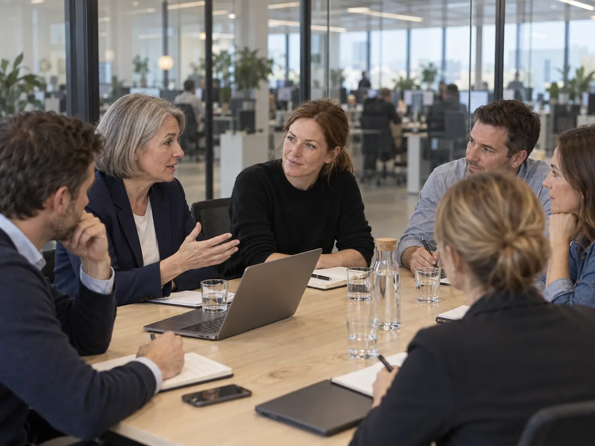 The Tessellate exec team of six at a boardroom table, Hannah listening to the CFO.