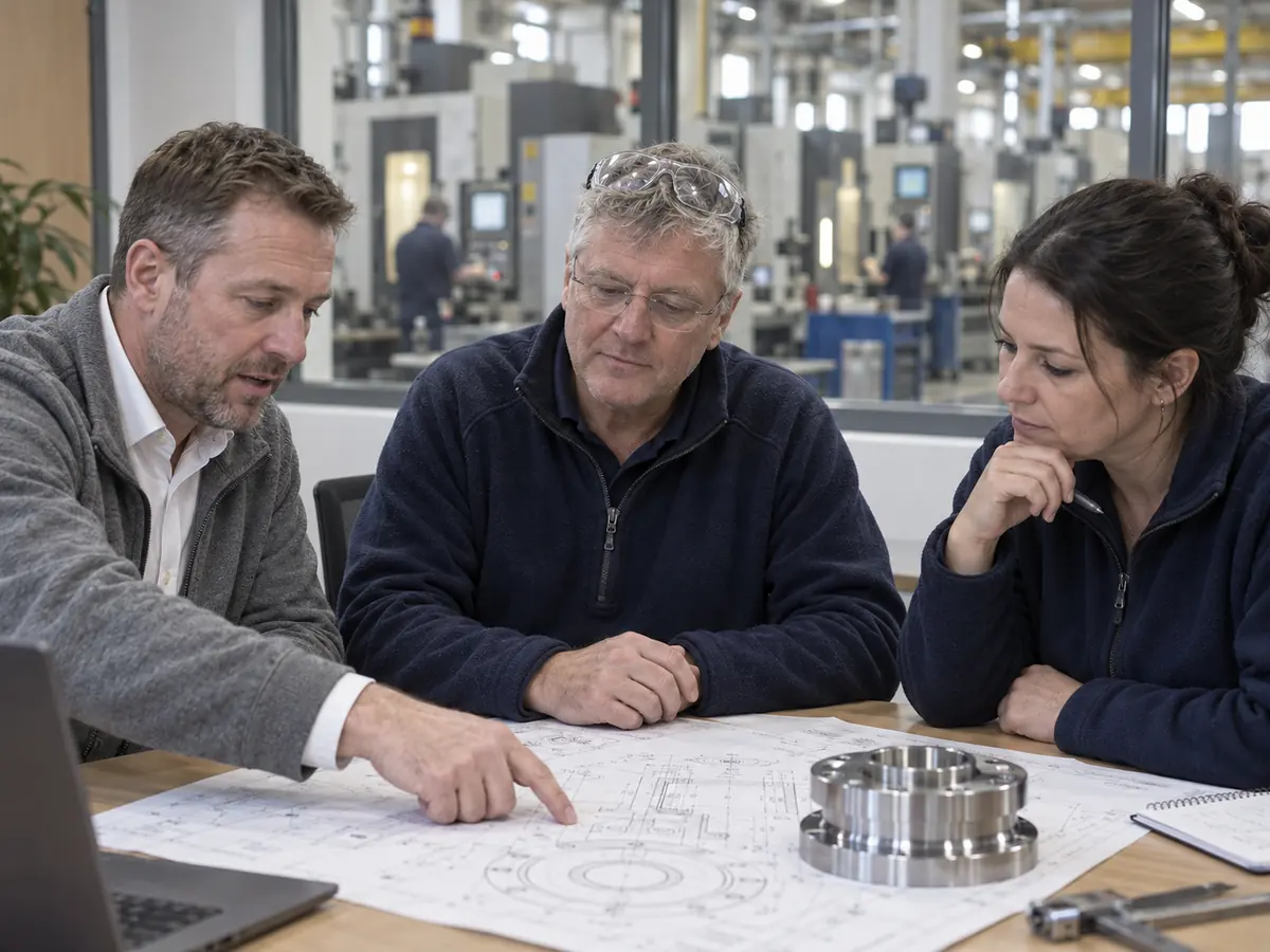 Martin with his sales director and operations manager at a table beside the shop floor, reviewing a drawing.