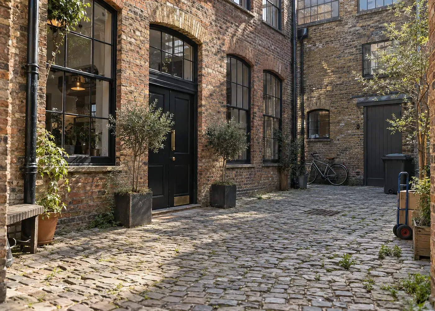 A quiet cobbled yard with a converted red-brick print warehouse and a black door between two potted olive trees.