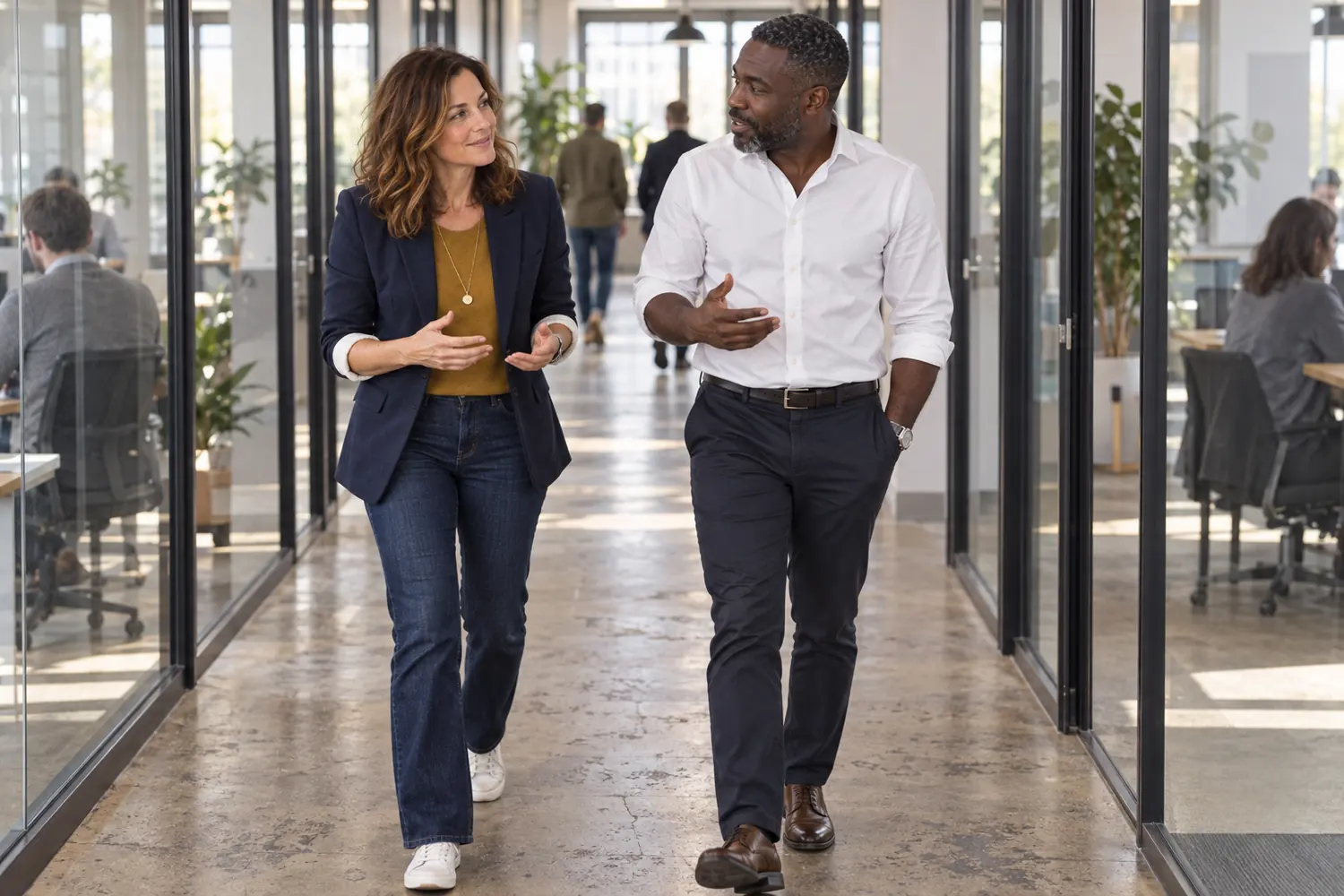 Ines and a founder walking and talking down an office corridor.