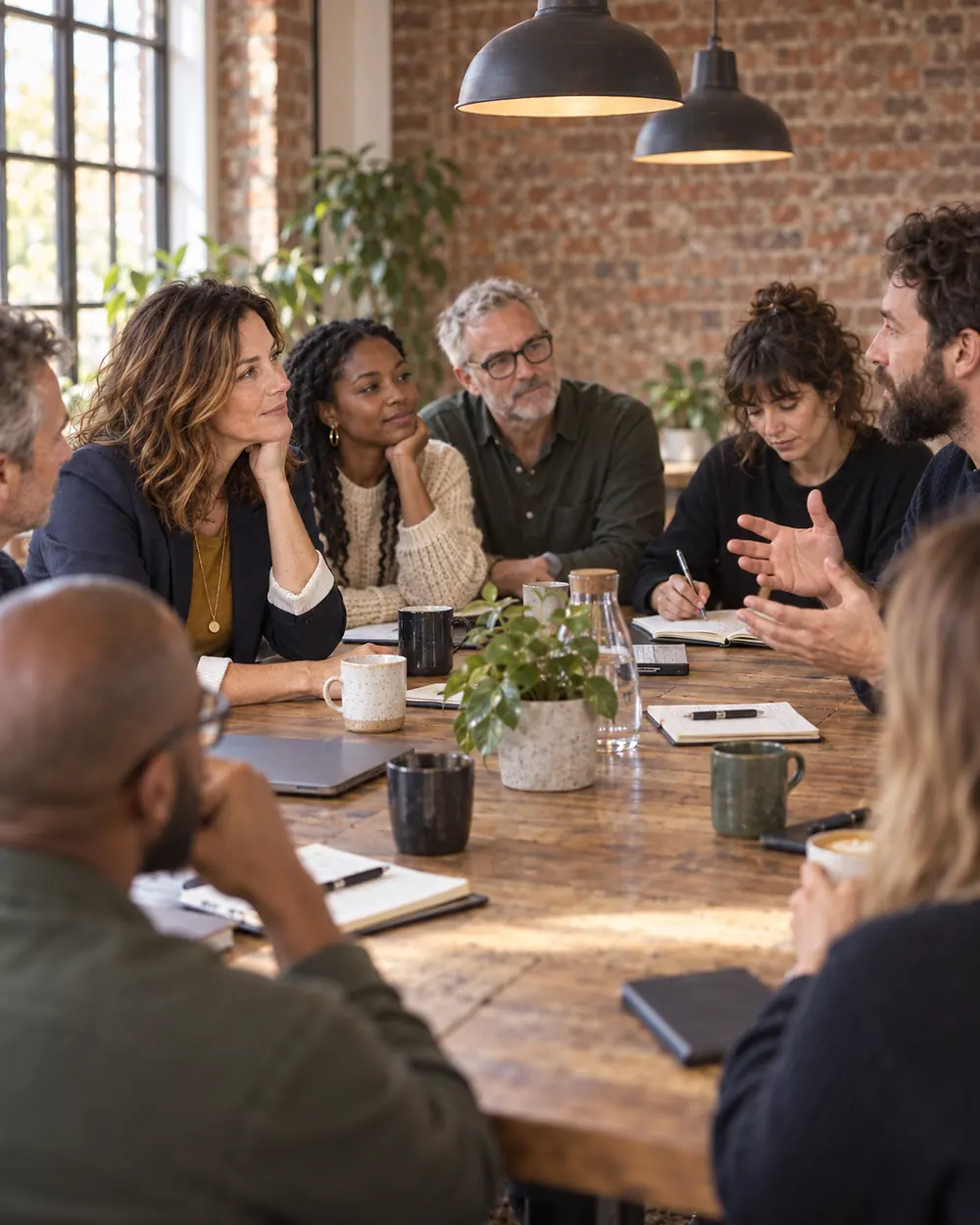 Chief executives around a table in a warm brick-walled room, Ines chairing.